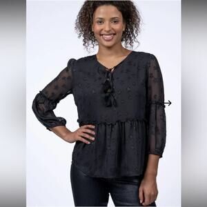 NWT TRIBAL JEANS Beautiful Black Ruffle Blouse with Tassels Size XL